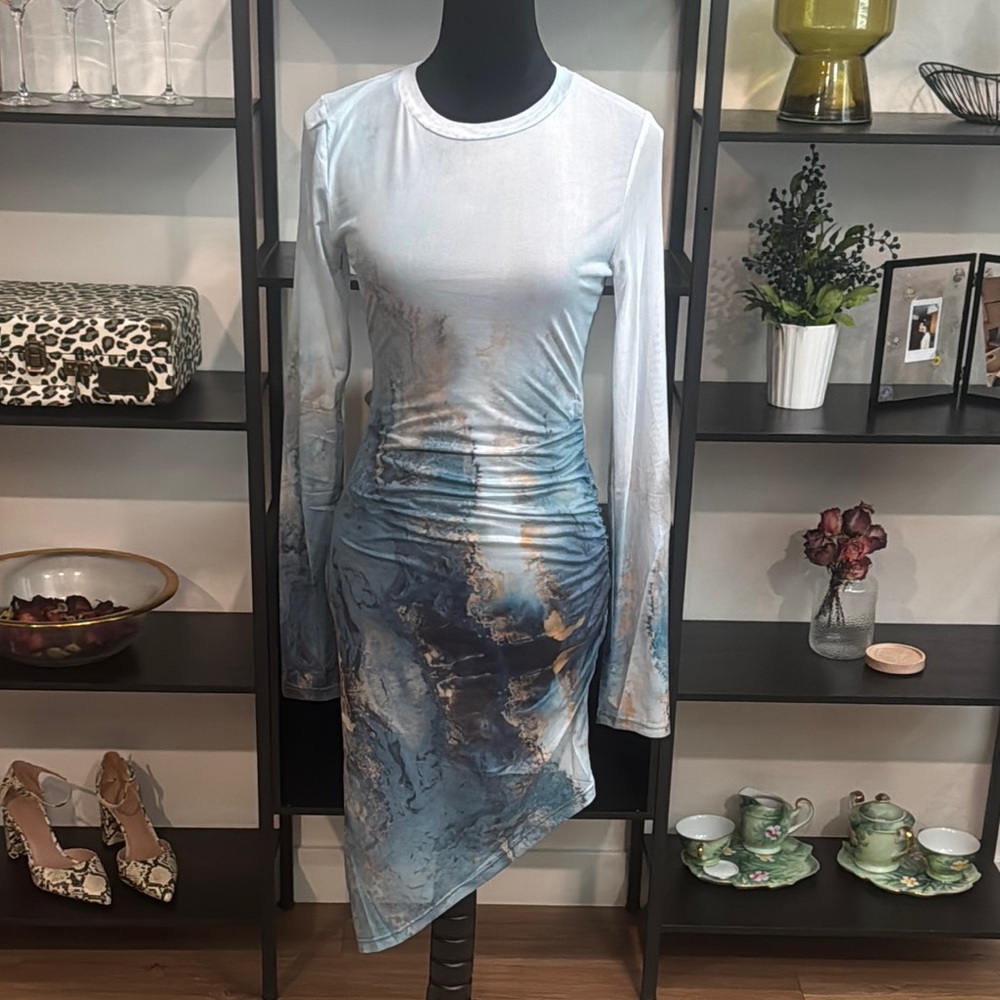 Fashion Nova Blue and White Tie-Dye Dress